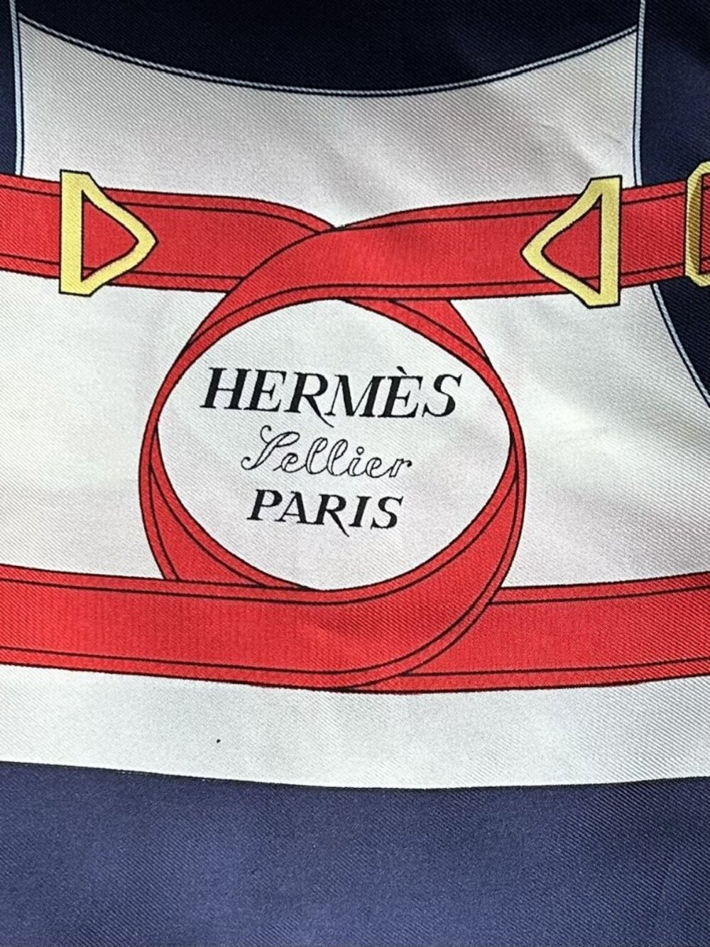 HERMES Silk Eperon D'Or Scarf, Navy, Red, Square 33 inch - Picture 4 of 5